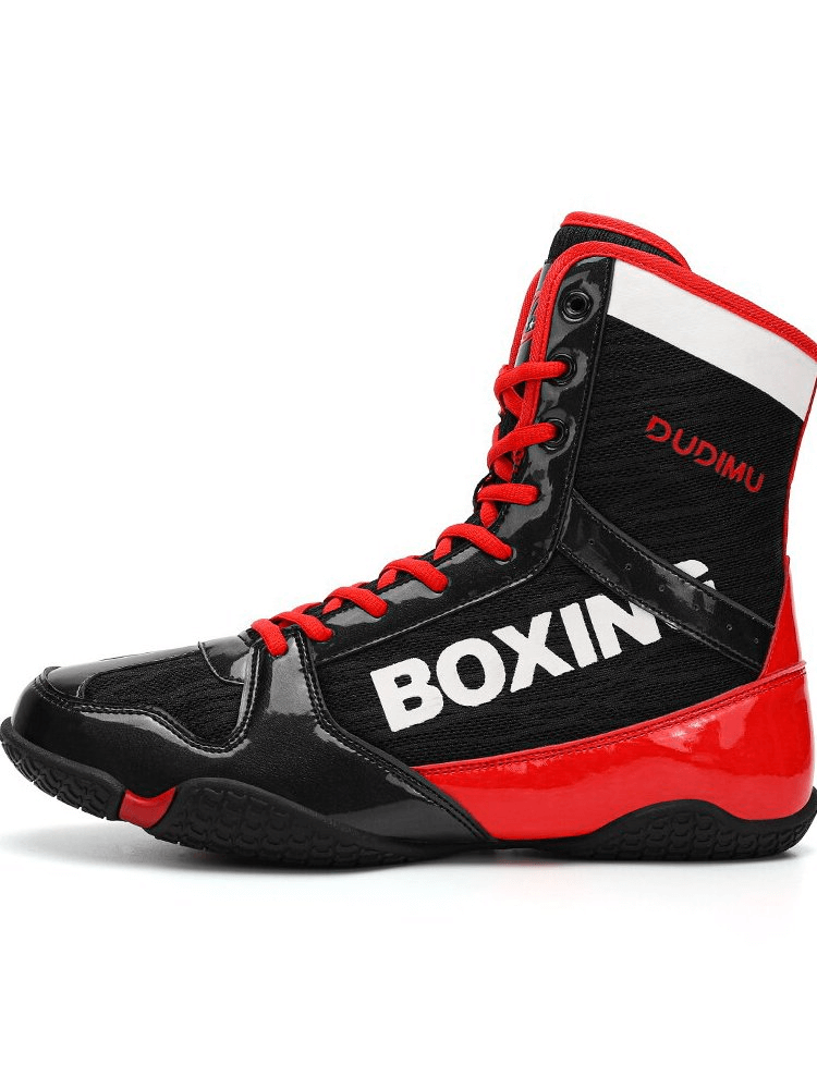 Black and red unisex wrestling sneakers with anti-slip design, featuring lace-up closure and professional-grade traction.