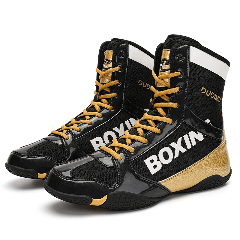 Unisex flexible wrestling sneakers with anti-slip soles, black and gold design, perfect grip and support for wrestling performance.