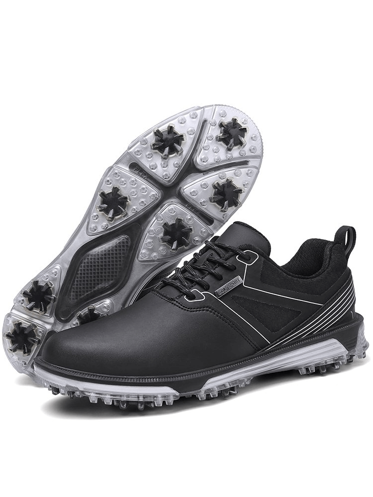 Black sports flexible non-slip men's golf sneakers with rubber outsole and sturdy lace-up closure, model SF1175, side view.