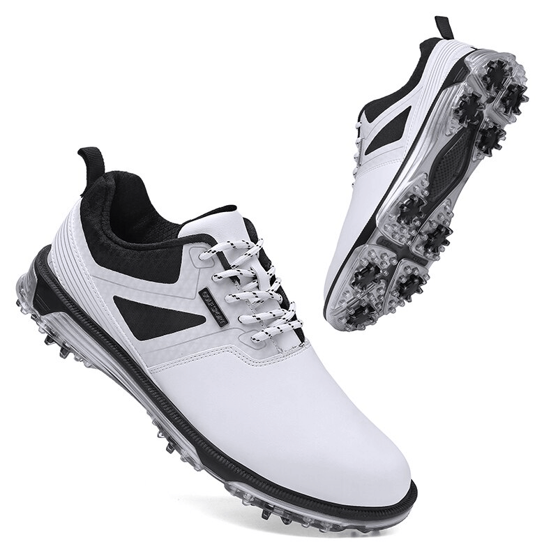 White sports flexible non-slip men's sneakers and golf shoes, SF1175, featuring lace-up closure, durable PU upper, rubber outsole.