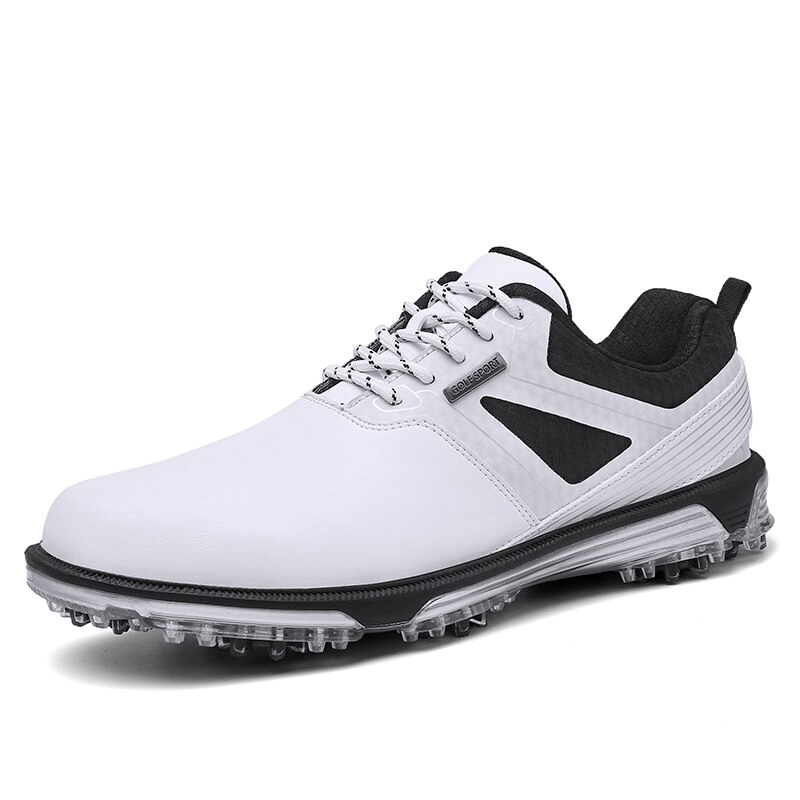 White sports flexible non-slip men's sneakers golf shoes SF1175 with durable PU upper and rubber outsole for excellent grip.