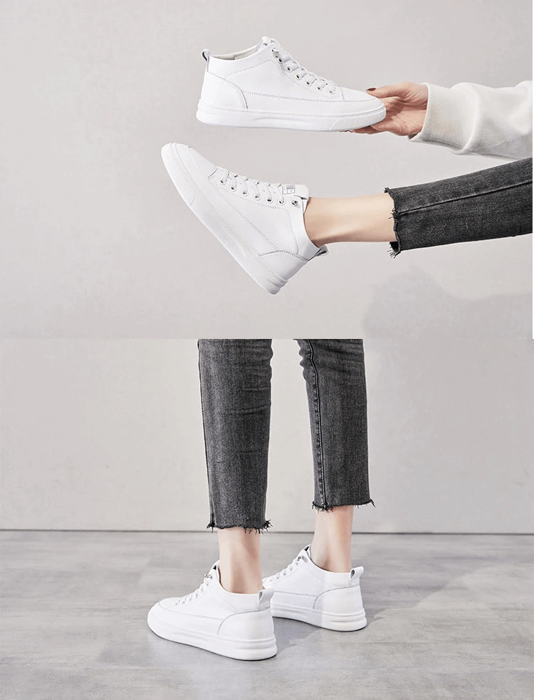 White lace-up genuine leather vulcanized women's shoes, stylish and comfortable for everyday wear.