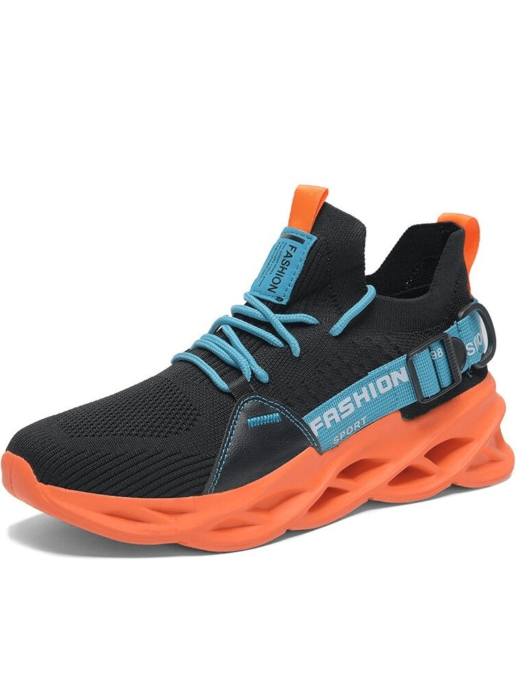 Vibrant black and orange sports sneaker with mesh material and soft sole, perfect for breathable comfort and style.