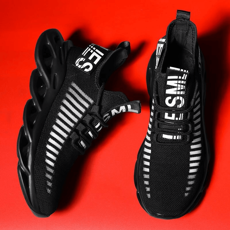 Sports Light Breathable Soft Women's Sneakers SF0256 in black with white detail on vibrant red background, ideal for active wear.