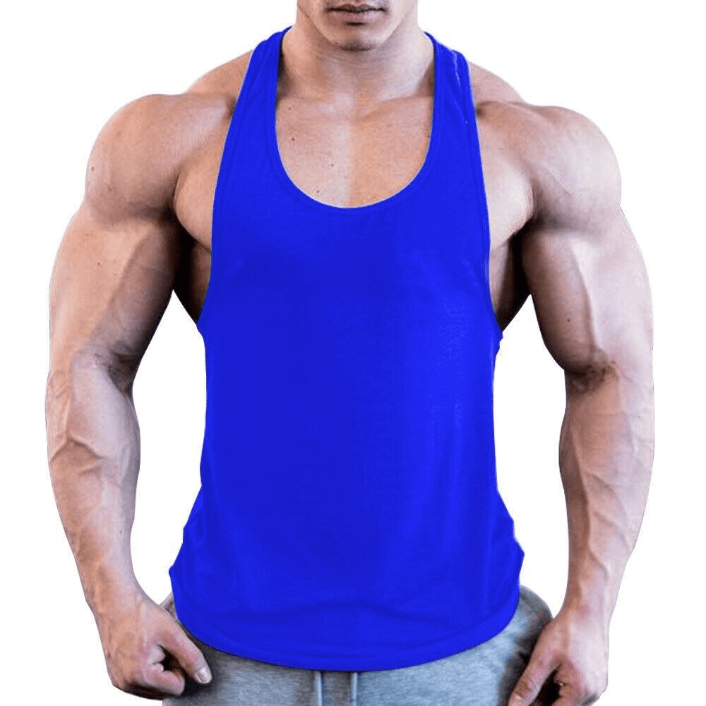 Men's sports lightweight blue tank top for bodybuilding, featuring o-neck and solid pattern for comfort during workouts.