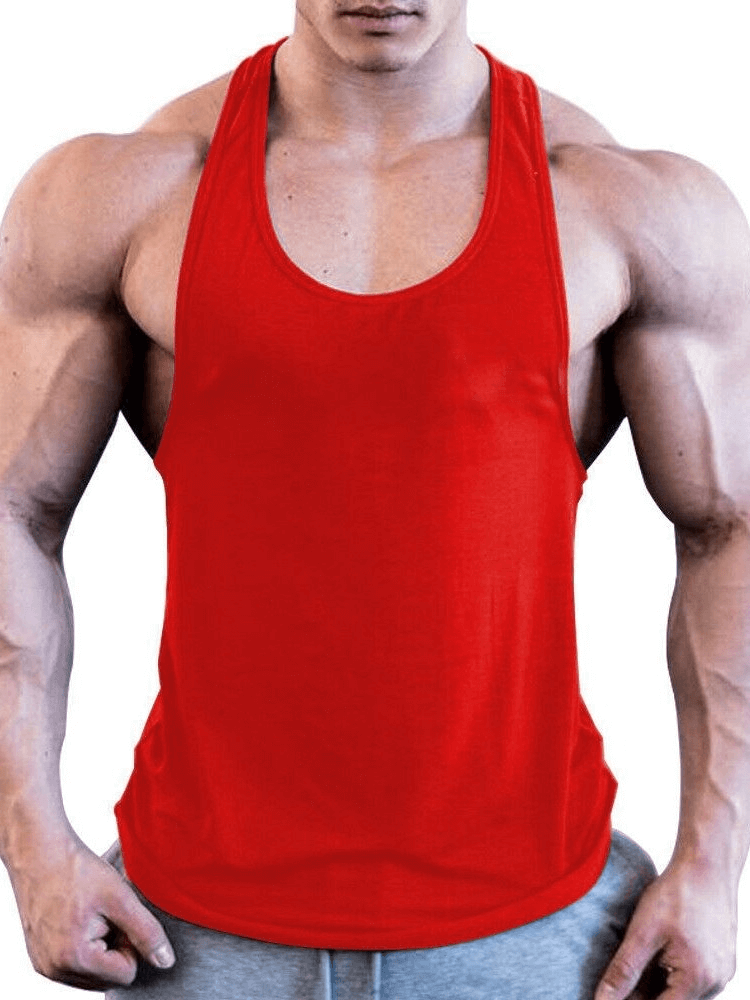 Person wearing red sports lightweight men's tank top for bodybuilding, showcasing o-neck collar and durable cotton material.