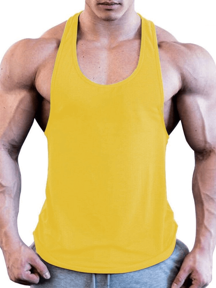 Man wearing a yellow sports lightweight tank top for bodybuilding, emphasizing breathability and comfort during workouts.