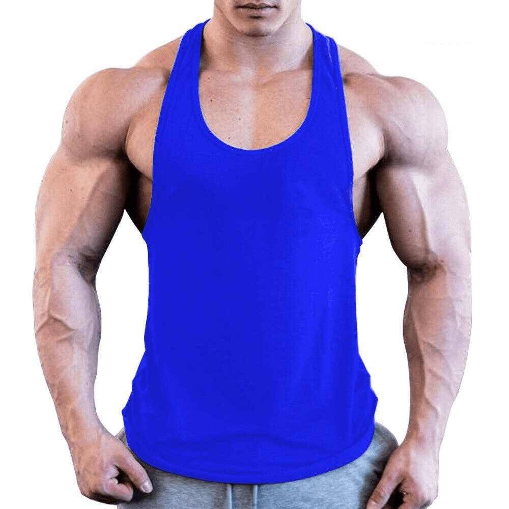 Blue sports lightweight men's tank top for bodybuilding, showcasing breathability and comfort with an o-neck collar and solid pattern.