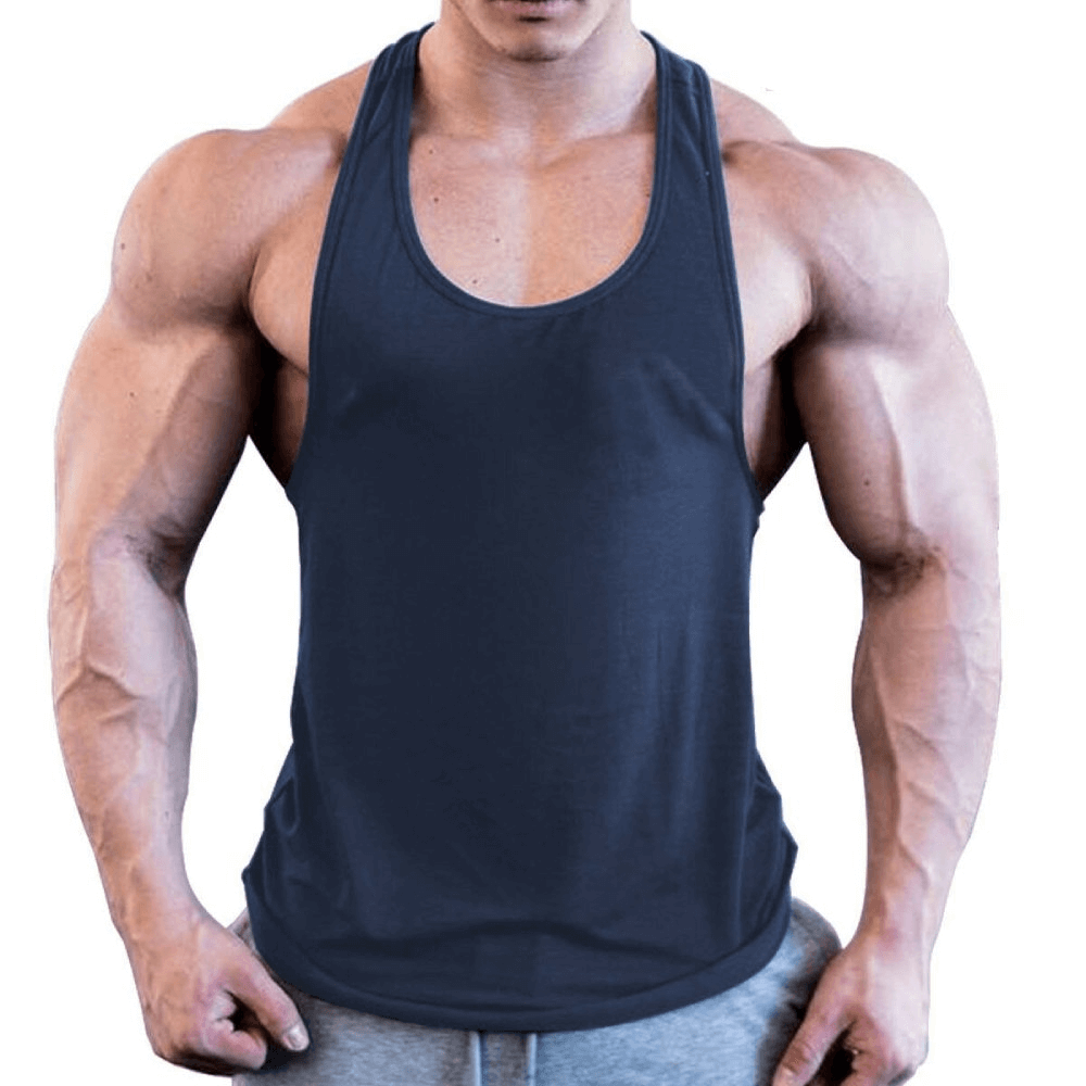 Sports Lightweight Men's Tank for Bodybuilding in navy, showcasing the o-neck design and breathable cotton fabric.