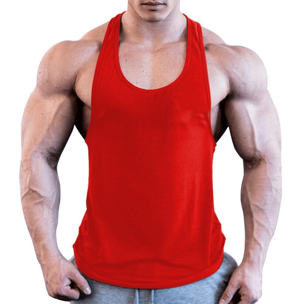 Red sports lightweight men's tank for bodybuilding, perfect for intense workouts, featuring an o-neck collar and breathable cotton fabric.