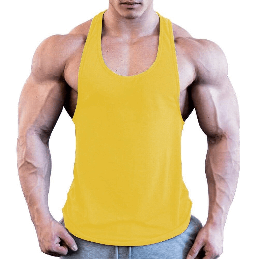 Yellow sports lightweight men's bodybuilding tank, breathable cotton gym wear SF0380, maximizing comfort during workouts.