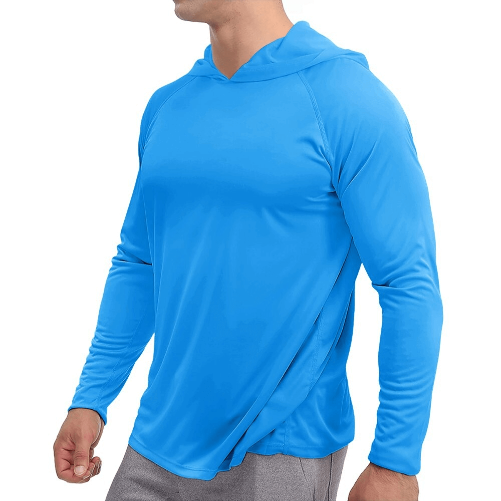 Sporty men's lightweight quick-dry long-sleeve hooded shirt in blue, featuring breathable fabric and casual style for active comfort.