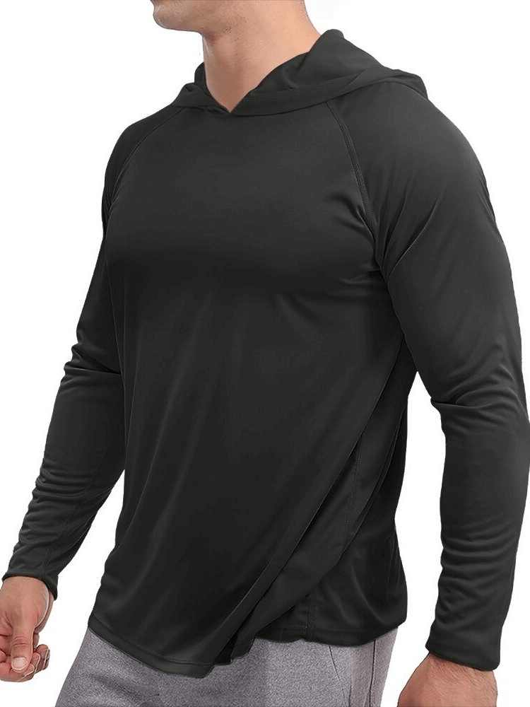 Sports Lightweight Quick-Dry Men's Long-Sleeve Hooded Shirt SF0382 in black, showcasing its breathable polyester and casual style.