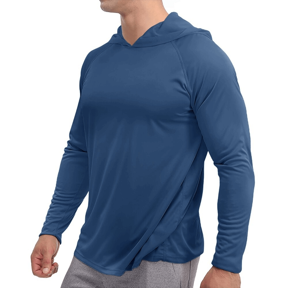 Sports lightweight quick-dry blue men's hooded shirt with long sleeves, breathable polyester for active wear, SKU SF0382.