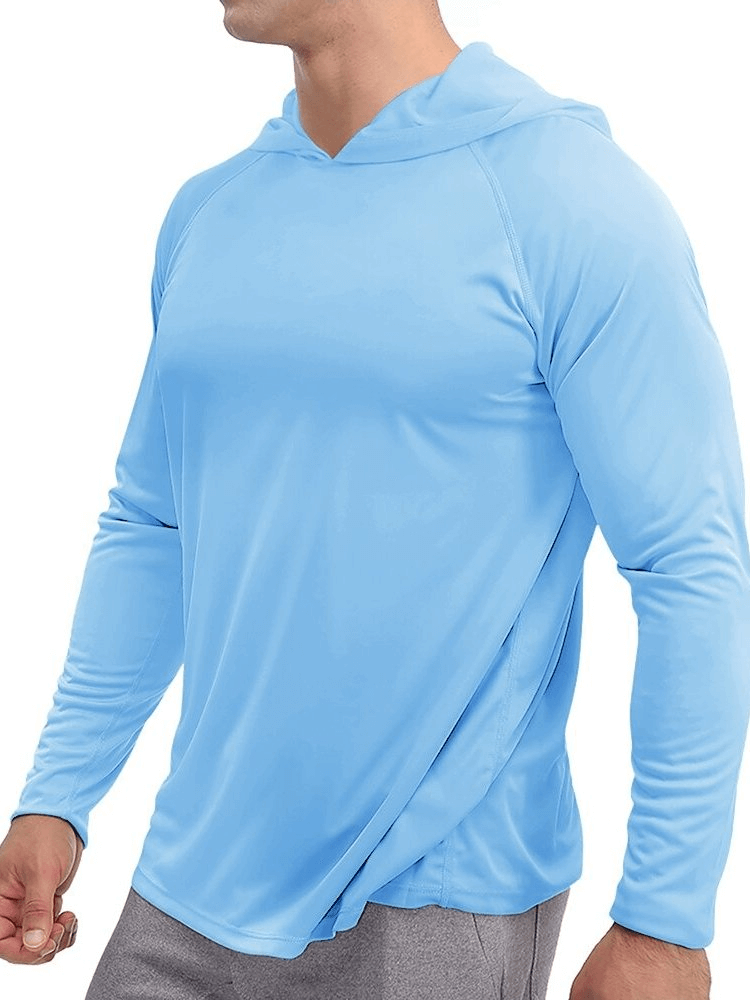 Sports lightweight quick-dry men's blue long-sleeve hooded shirt, perfect for an active lifestyle and casual wear.