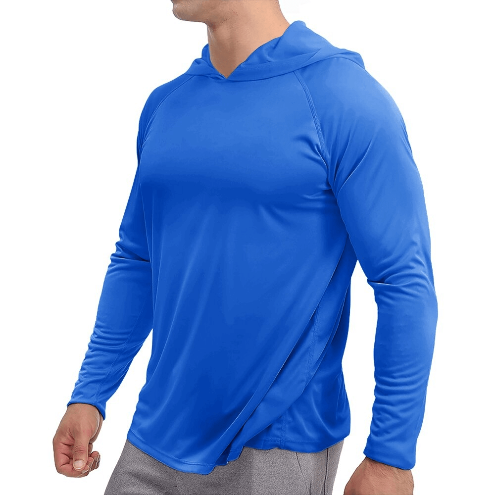 Blue quick-dry men's long-sleeve hooded shirt, lightweight and breathable, ideal for sports and casual wear, full sleeves, SF0382
