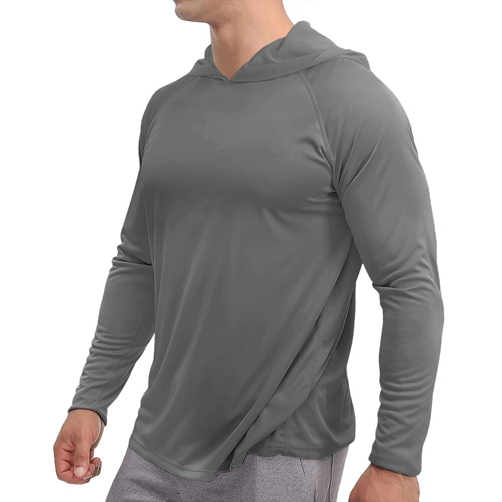 Sports lightweight quick-dry men's long-sleeve hooded shirt in gray, ideal for an active lifestyle, crafted from breathable polyester.