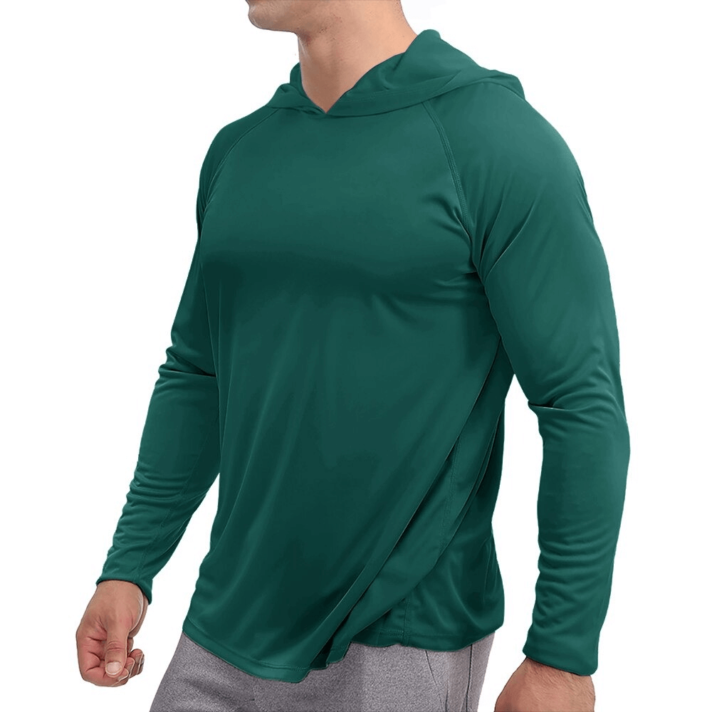 Sports lightweight quick-dry men's hooded long-sleeve shirt in green, ideal for an active lifestyle. Stylish and breathable polyester fabric.