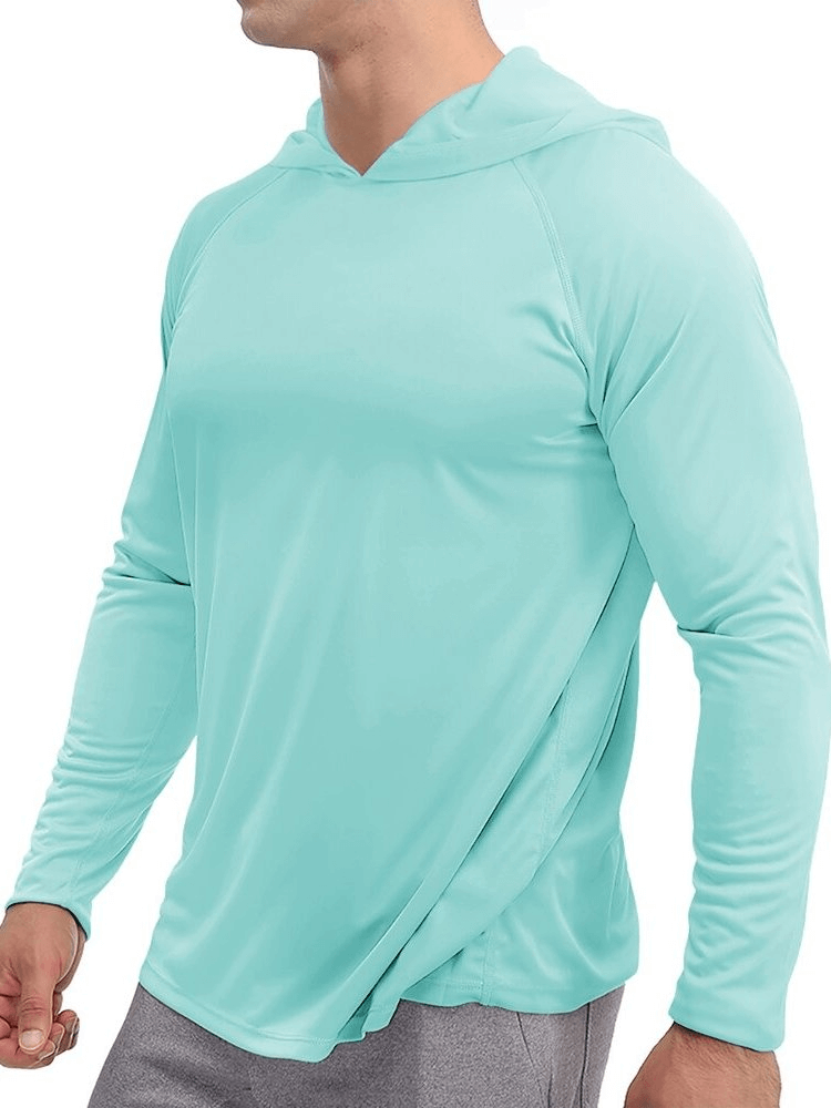 Sports Lightweight Quick-Dry Men's Long-Sleeve Hooded Shirt in teal, perfect for casual and active wear. Model wearing size medium.