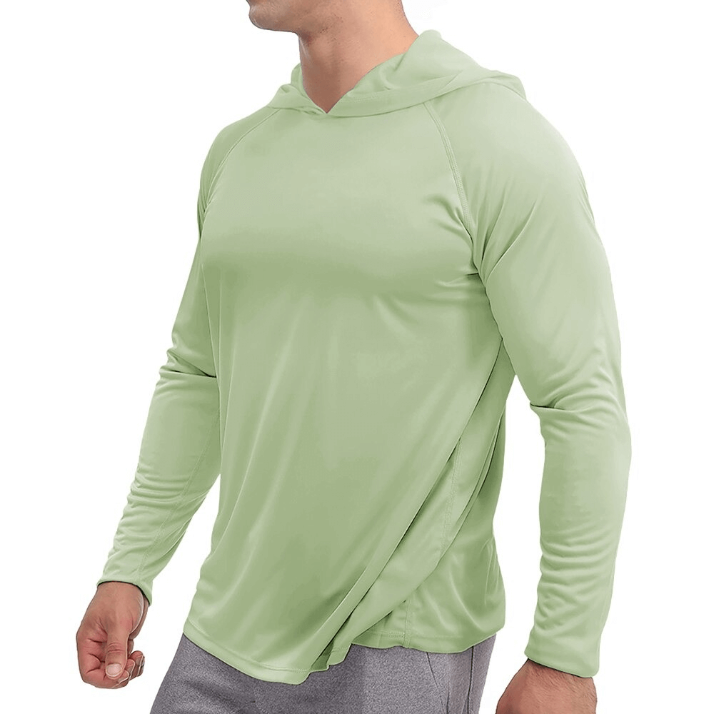 Sports Lightweight Quick-Dry Men's Long-Sleeve Hooded Shirt in green, perfect for active lifestyles with breathable polyester fabric.