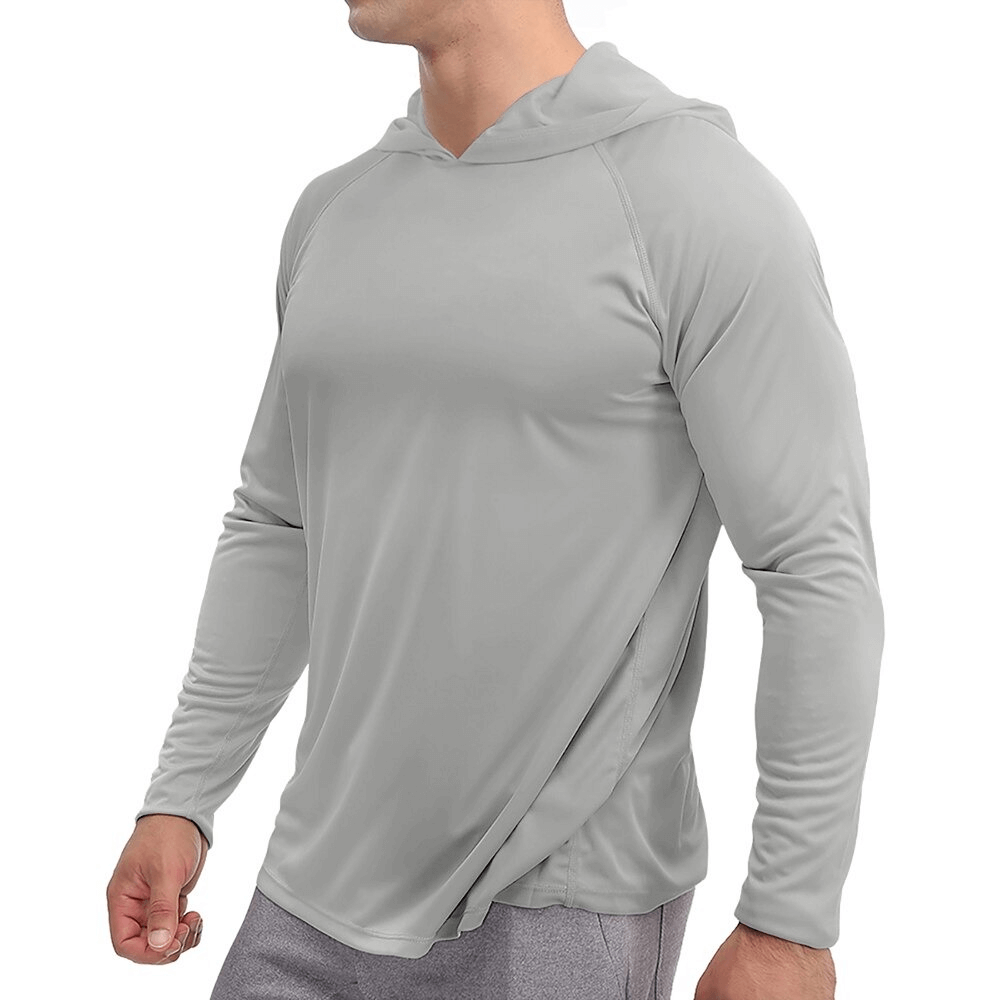 Man wearing a sports lightweight quick-dry men's long-sleeve hooded shirt in gray, perfect for an active lifestyle.
