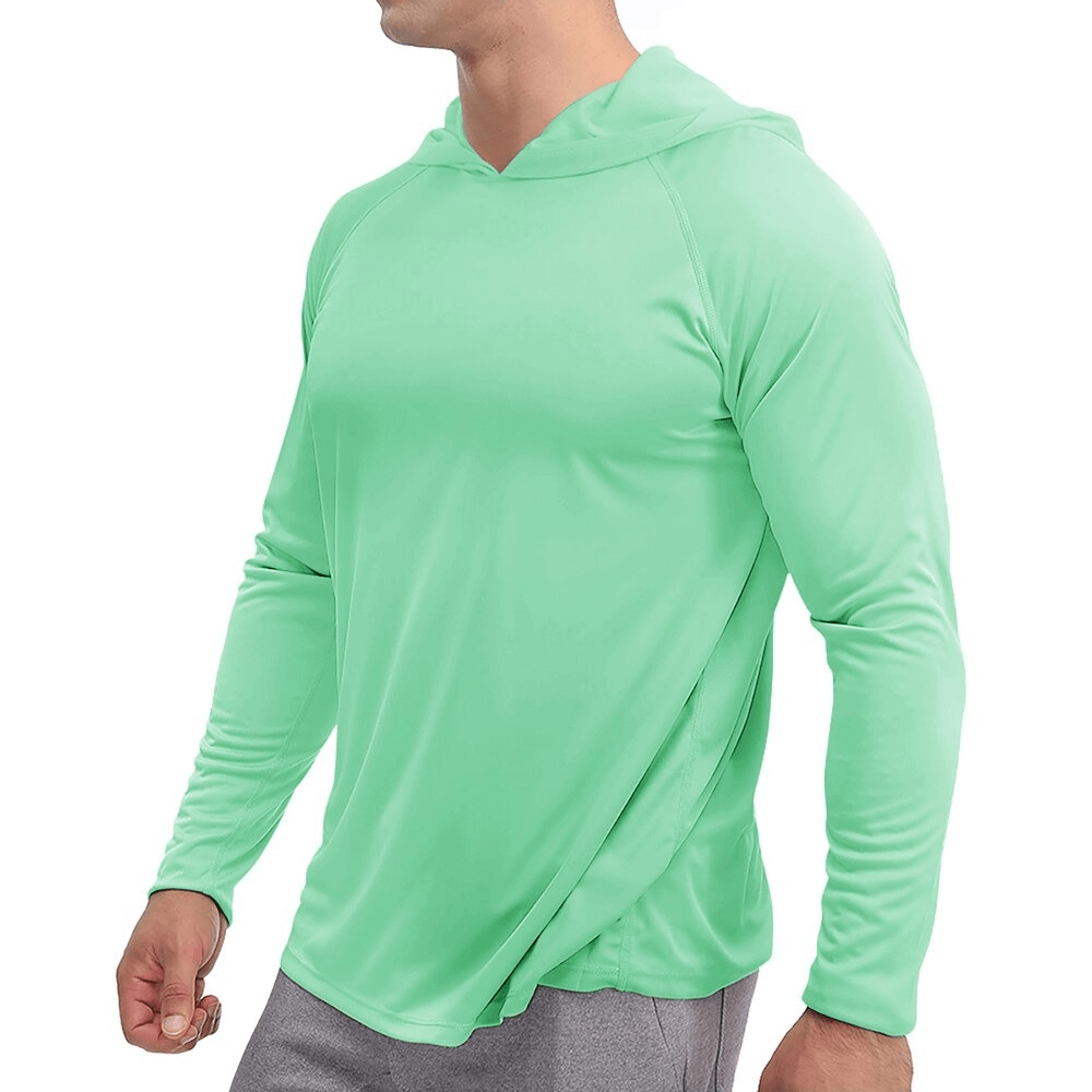 Sports Lightweight Quick-Dry Men's Long-Sleeve Hooded Shirt in mint green, ideal for active and casual wear, featuring breathable fabric.
