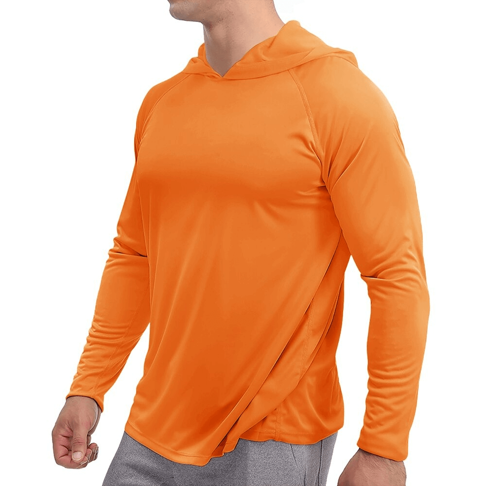 Sports lightweight quick-dry orange hooded men's long-sleeve shirt, breathable polyester, ideal for active lifestyle, casual style.