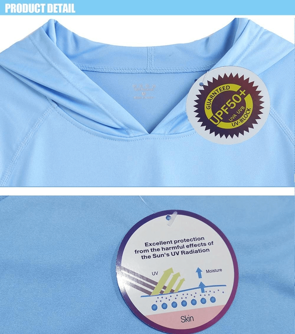 Blue hooded shirt with UPF 50+ UV protection label, showcasing quick-dry, lightweight fabric for active men.