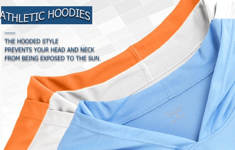 Athletic hoodies in orange, white, and blue with sun protection features for active lifestyles.