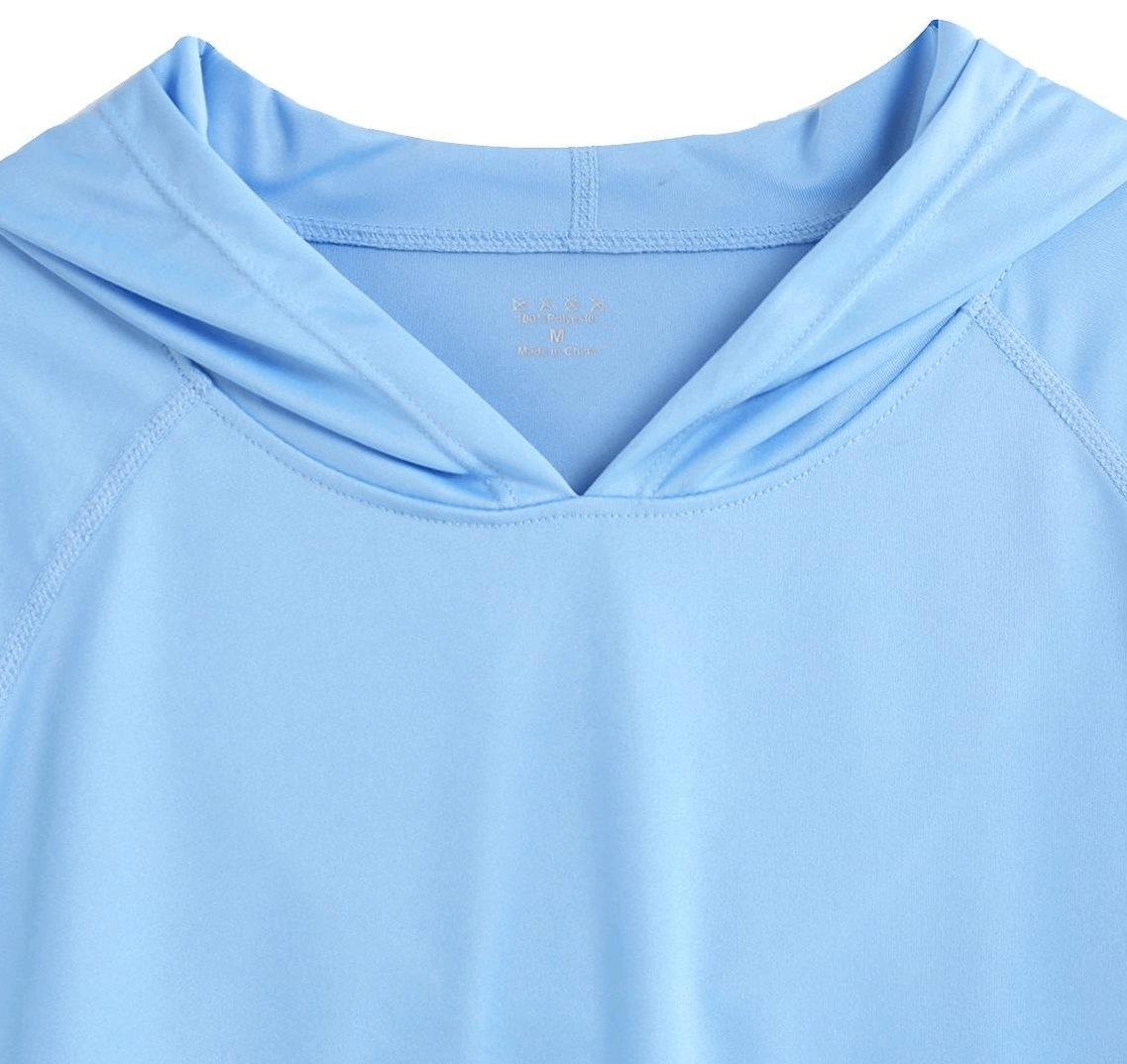 Light blue men's long-sleeve hooded shirt, breathable polyester, ideal for sporty and casual wear, quick-dry design.