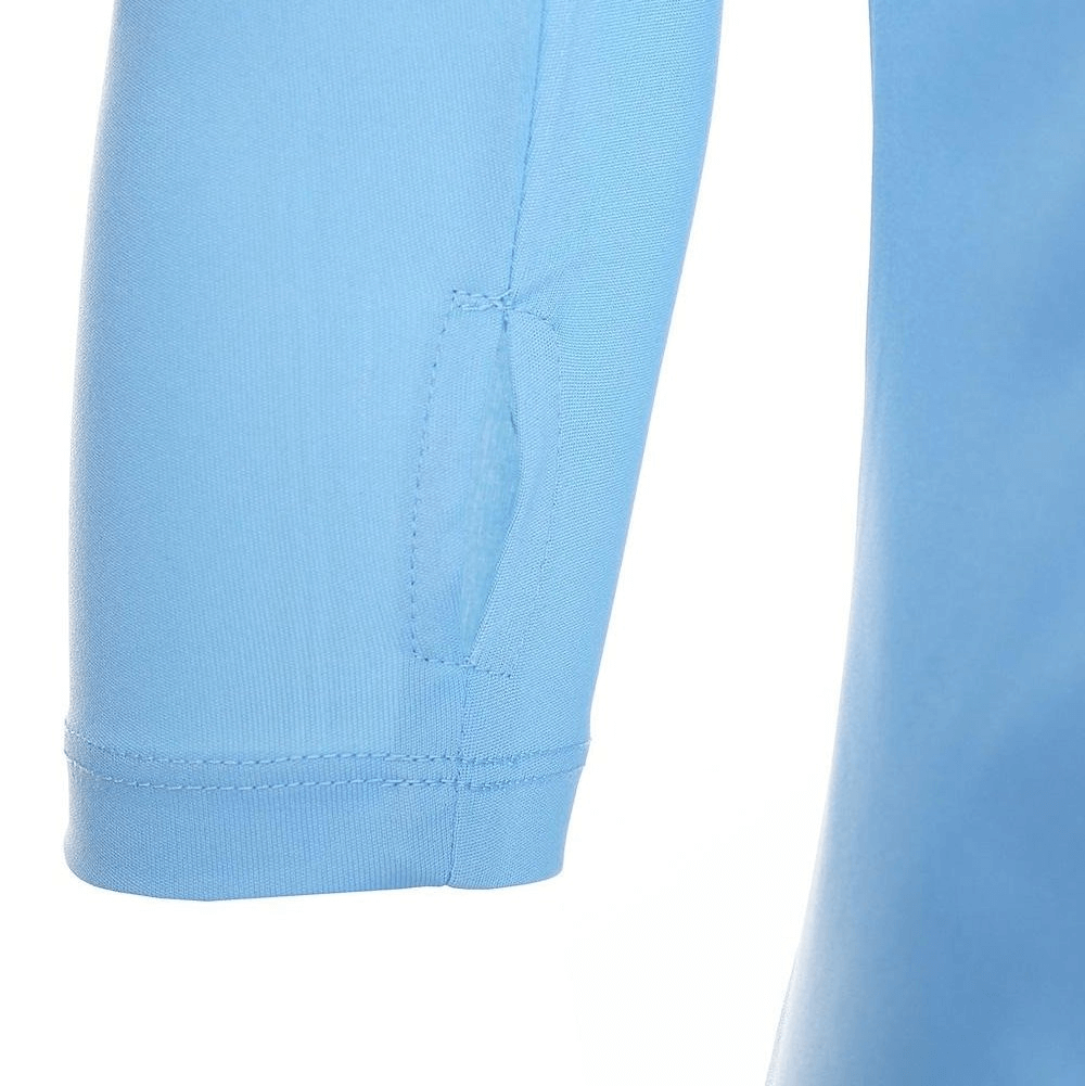 Close-up of light blue quick-dry men's long-sleeve hooded shirt showing sleeve detail.