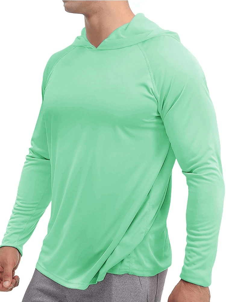 Mint green quick-dry men's hooded long-sleeve shirt, perfect for sports and casual wear.