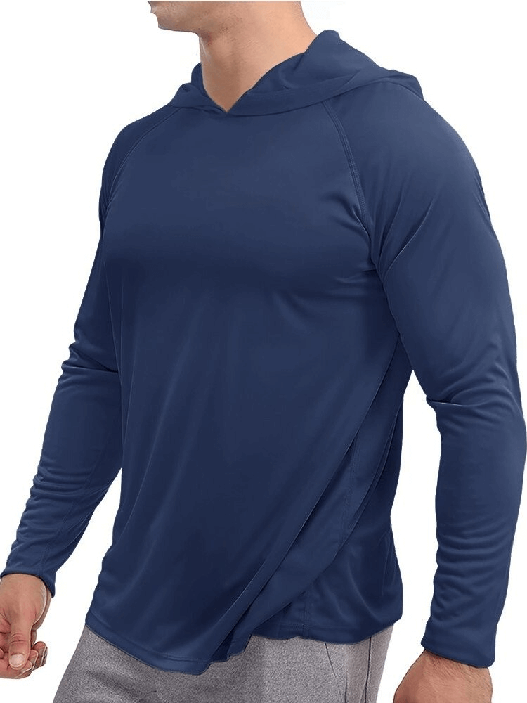 Men's blue quick-dry long-sleeve hooded sports shirt, made of breathable polyester, ideal for an active lifestyle.