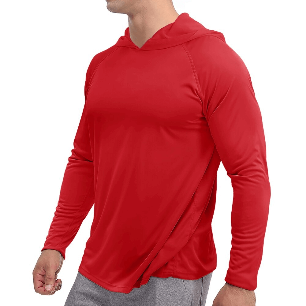 Men's red quick-dry lightweight long-sleeve hooded sports shirt, ideal for active lifestyles with breathable polyester fabric.
