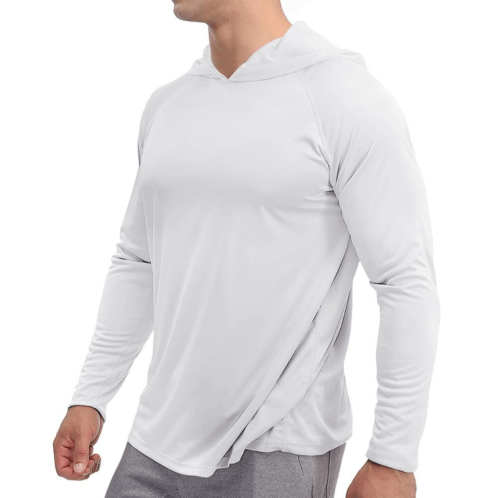 Men's lightweight quick-dry long-sleeve hooded shirt in white, perfect for active wear. Style number: SF0382.