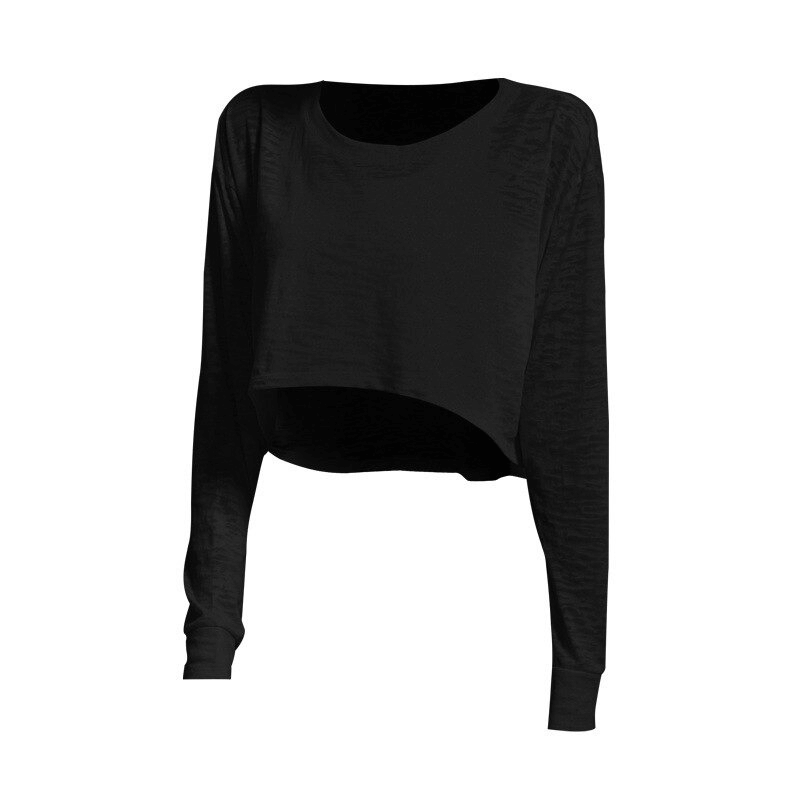Black sports long-sleeved loose top for women, perfect for fitness, yoga, and running. Breathable cotton-polyester blend.