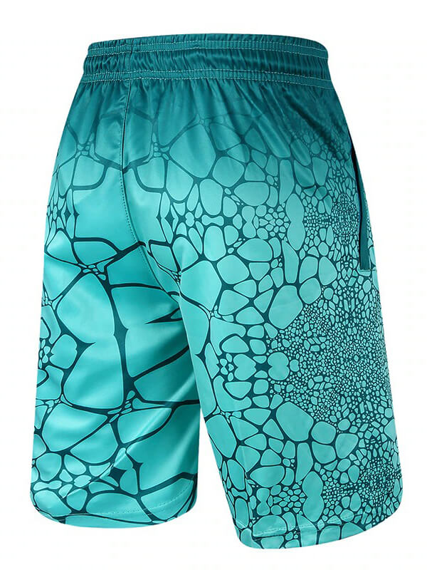 Men's sports shorts with elastic waist, custom print, teal geometric pattern. Perfect for active lifestyle wear. Polyester-spandex blend.
