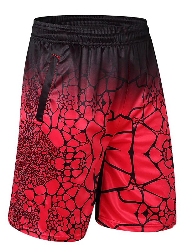 Men's sports loose elastic shorts with red and black print, perfect for active wear. Made from polyester and spandex.