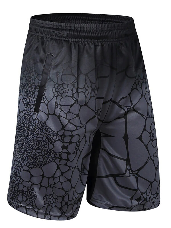 Men's black sports shorts with elastic waist, custom print, ideal for active lifestyle. Made of breathable polyester-spandex fabric.