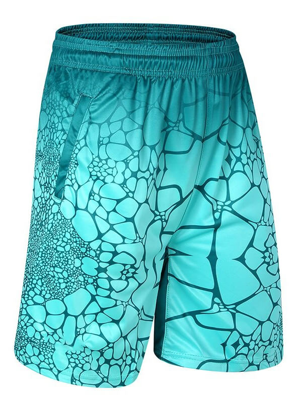 Aqua blue men's sports shorts with elastic waist and abstract print, made from breathable polyester and spandex.