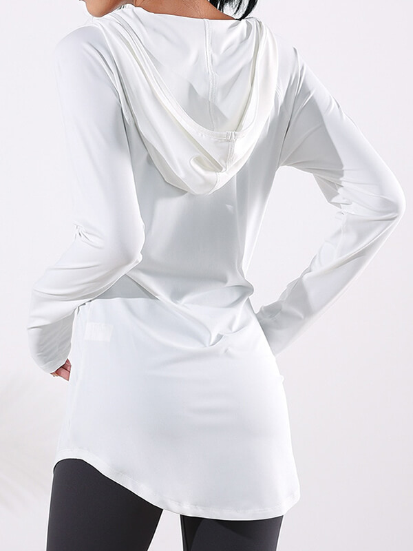 Back view of women's white sports loose hooded sweatshirt showcasing lightweight, quick-dry fabric; perfect for fitness and yoga.