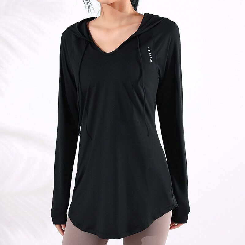 Women's black sports loose hooded sweatshirt, perfect for yoga and fitness, anti-shrink and quick dry, model SF1223.