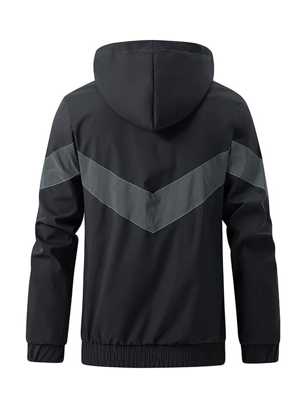 Sports men's hooded jacket with reflective strips for visibility, durable polyester, perfect for active wear in low light.