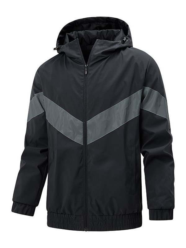 Men's hooded thin jacket with reflective strips, perfect for sports, features durable polyester, regular fit, and windproof hood.
