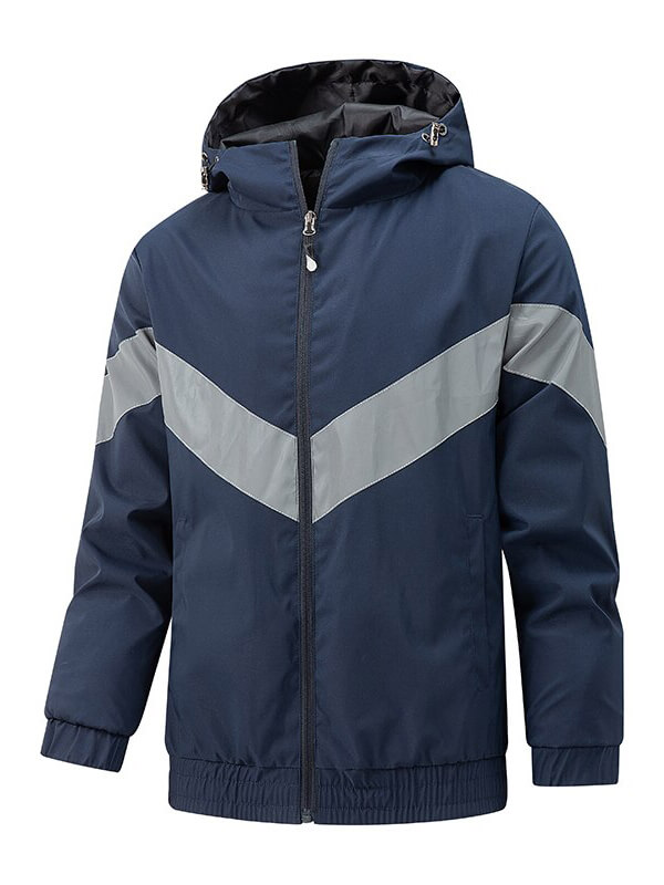 Men's navy sports hooded jacket with reflective strips, SF0864, made from durable polyester for comfort and visibility in low light.