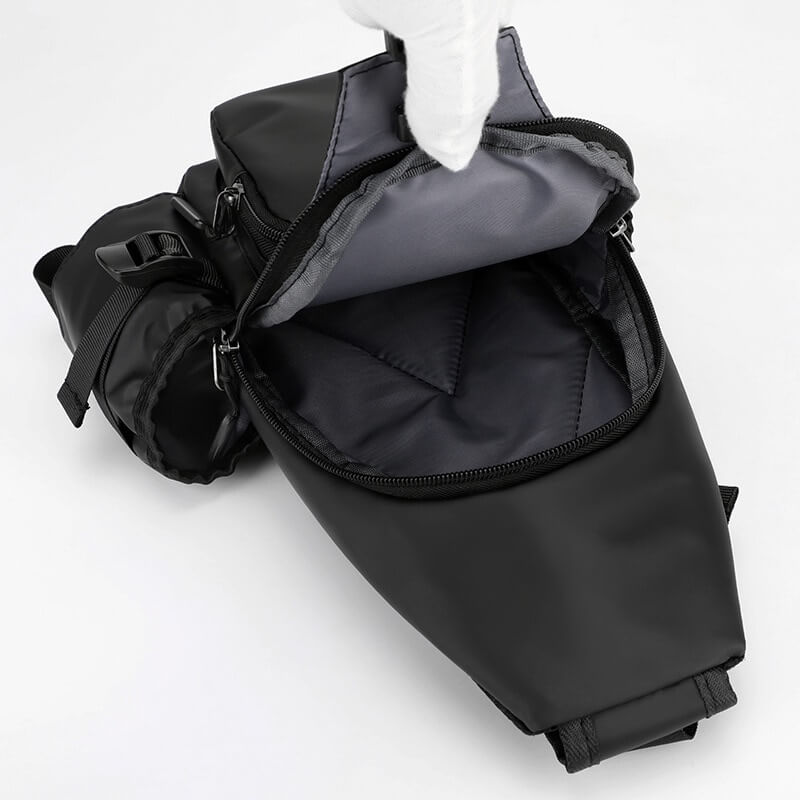 Sports Men's Multifunctional Crossbody Bag with USB-port, open view showing spacious compartments, nylon and polyester material.