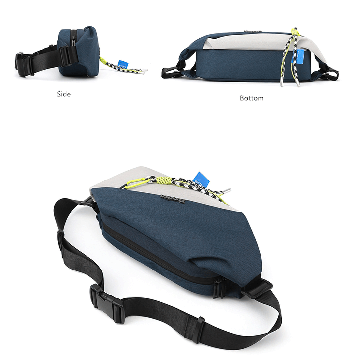 Sports Men's Waterproof Crossbody Chest Bag SF1226 in blue, with tassel and zipper closure, shown from side and bottom views.