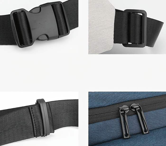 Close-up of the waterproof crossbody bag's black buckle, adjustable strap, and sturdy zipper with double pulls.