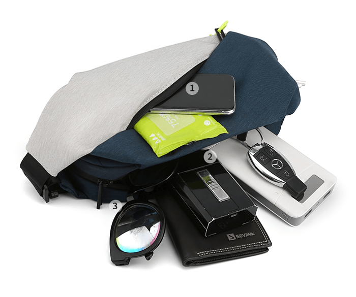 Sports men's waterproof crossbody bag with essentials like phone, wallet, keys, and glasses, featuring removable pendant, SF1226