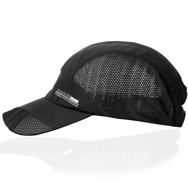Black sports mesh running baseball cap with visor, breathable polyester for outdoor activities, adjustable unisex design.